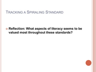 Tracking a Spiraling StandardReflection: What aspects of literacy seems to be valued most throughout these standards?
