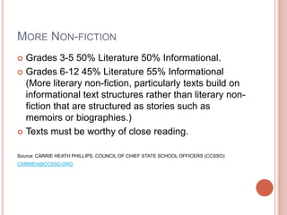 More Non-fictionGrades 3-5 50% Literature 50% Informational.Grades 6-12 45% Literature 55% Informational (More literary non-fiction, particularly texts build on informational text structures rather than literary non-fiction that are structured as stories such as memoirs or biographies.)Texts must be worthy of close reading.Source: CARRIE HEATH PHILLIPS, COUNCIL OF CHIEF STATE SCHOOL OFFICERS (CCSSO)CARRIEH@CCSSO.ORG