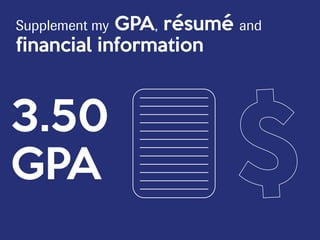 Supplement my GPA, resume and
financial information
``
3.50
GPA
 