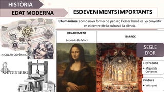 ESDEVENIMENTS	IMPORTANTS
HISTÒRIA
EDAT	MODERNA
L’humanisme como	nova	forma	de	pensar,	l’ésser	humà	es	va	convertir	
en	el	centre	de	la	cultura	i	la	ciència.
NICOLAU	COPÈRNIC
RENAIXEMENT
Leonado	Da	Vinci
La	Gioconda
(La	Mona	Lisa)
BARROC
SEGLE	
D'OR
Literatura
• Miguel	de	
Cervantes
Pintura
• Velázquez
 