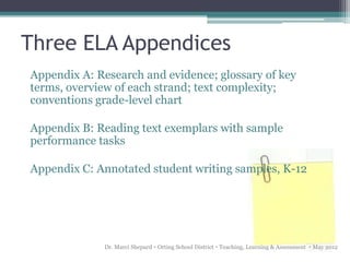 Three ELA Appendices
Appendix A: Research and evidence; glossary of key
terms, overview of each strand; text complexity;
conventions grade-level chart

Appendix B: Reading text exemplars with sample
performance tasks

Appendix C: Annotated student writing samples, K-12




             Dr. Marci Shepard  Orting School District  Teaching, Learning & Assessment  May 2012
 