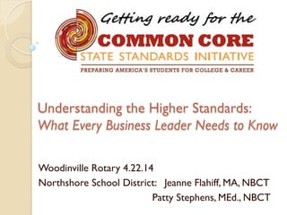 Understanding the Higher Standards:
What Every Business Leader Needs to Know
Woodinville Rotary 4.22.14
Northshore School District: Jeanne Flahiff, MA, NBCT
Patty Stephens, MEd., NBCT
 