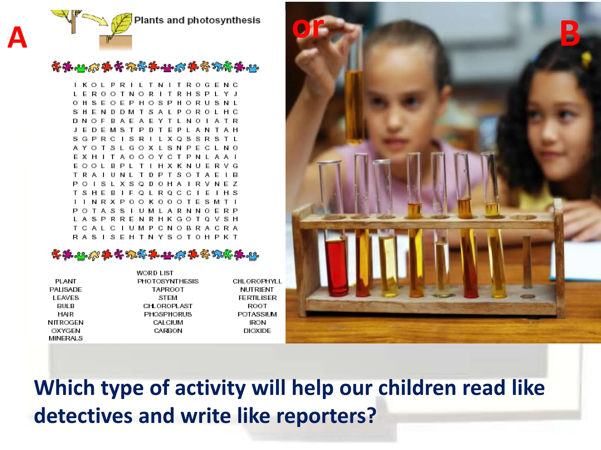 A                              or                             B




    Which type of activity will help our children read like
    detectives and write like reporters?
 
