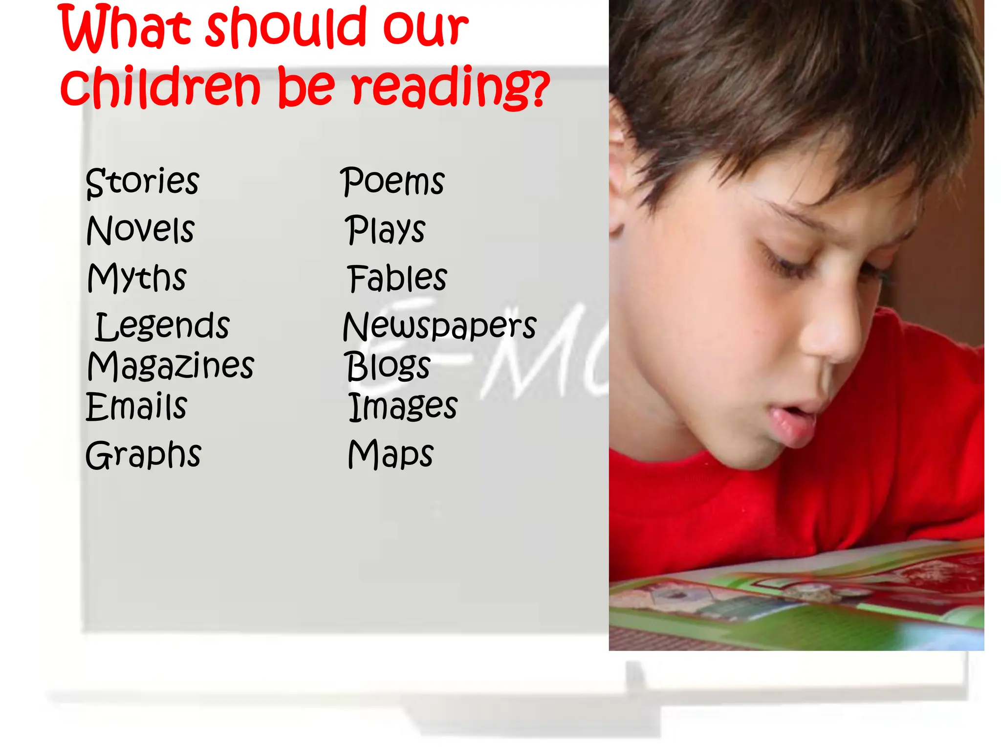 What should our
children be reading?
 Stories     Poems
 Novels      Plays
 Myths       Fables
 Legends     Newspapers
 Magazines   Blogs
 Emails      Images
 Graphs      Maps
 