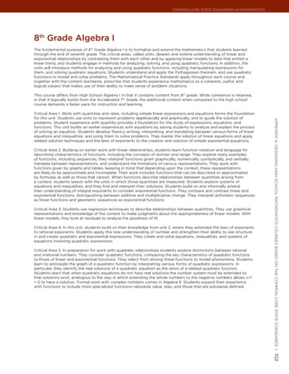 Common Core State StandardS for matHematICS




8th Grade algebra I
The fundamental purpose of 8th Grade Algebra I is to formalize and extend the mathematics that students learned
through the end of seventh grade. The critical areas, called units, deepen and extend understanding of linear and
exponential relationships by contrasting them with each other and by applying linear models to data that exhibit a
linear trend, and students engage in methods for analyzing, solving, and using quadratic functions. In addition, the
units will introduce methods for analyzing and using quadratic functions, including manipulating expressions for
them, and solving quadratic equations. Students understand and apply the Pythagorean theorem, and use quadratic
functions to model and solve problems. The Mathematical Practice Standards apply throughout each course and,
together with the content standards, prescribe that students experience mathematics as a coherent, useful, and
logical subject that makes use of their ability to make sense of problem situations.

This course differs from High School Algebra I in that it contains content from 8th grade. While coherence is retained,
in that it logically builds from the Accelerated 7th Grade, the additional content when compared to the high school
course demands a faster pace for instruction and learning.

Critical Area 1: Work with quantities and rates, including simple linear expressions and equations forms the foundation
for this unit. Students use units to represent problems algebraically and graphically, and to guide the solution of




                                                                                                                          appendIx a: deSIgnIng HIgH SCHool matHematICS CourSeS baSed on tHe Common Core State StandardS |
problems. Student experience with quantity provides a foundation for the study of expressions, equations, and
functions. This unit builds on earlier experiences with equations by asking students to analyze and explain the process
of solving an equation. Students develop fluency writing, interpreting, and translating between various forms of linear
equations and inequalities, and using them to solve problems. They master the solution of linear equations and apply
related solution techniques and the laws of exponents to the creation and solution of simple exponential equations.

Critical Area 2: Building on earlier work with linear relationships, students learn function notation and language for
describing characteristics of functions, including the concepts of domain and range. They explore many examples
of functions, including sequences; they interpret functions given graphically, numerically, symbolically, and verbally,
translate between representations, and understand the limitations of various representations. They work with
functions given by graphs and tables, keeping in mind that depending upon the context, these representations
are likely to be approximate and incomplete. Their work includes functions that can be described or approximated
by formulas as well as those that cannot. When functions describe relationships between quantities arising from
a context, students reason with the units in which those quantities are measured. Students explore systems of
equations and inequalities, and they find and interpret their solutions. Students build on and informally extend
their understanding of integral exponents to consider exponential functions. They compare and contrast linear and
exponential functions, distinguishing between additive and multiplicative change. They interpret arithmetic sequences
as linear functions and geometric sequences as exponential functions.

Critical Area 3: Students use regression techniques to describe relationships between quantities. They use graphical
representations and knowledge of the context to make judgments about the appropriateness of linear models. With
linear models, they look at residuals to analyze the goodness of fit.

Critical Area 4: In this unit, students build on their knowledge from unit 2, where they extended the laws of exponents
to rational exponents. Students apply this new understanding of number and strengthen their ability to see structure
in and create quadratic and exponential expressions. They create and solve equations, inequalities, and systems of
equations involving quadratic expressions.

Critical Area 5: In preparation for work with quadratic relationships students explore distinctions between rational
and irrational numbers. They consider quadratic functions, comparing the key characteristics of quadratic functions
to those of linear and exponential functions. They select from among these functions to model phenomena. Students
learn to anticipate the graph of a quadratic function by interpreting various forms of quadratic expressions. In
particular, they identify the real solutions of a quadratic equation as the zeros of a related quadratic function.
Students learn that when quadratic equations do not have real solutions the number system must be extended so
that solutions exist, analogous to the way in which extending the whole numbers to the negative numbers allows x+1
= 0 to have a solution. Formal work with complex numbers comes in Algebra II. Students expand their experience
with functions to include more specialized functions—absolute value, step, and those that are piecewise-defined.
                                                                                                                          102
 