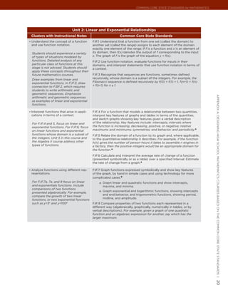 Common Core State StandardS for matHematICS




                                Unit 2: Linear and Exponential Relationships
 Clusters with Instructional Notes                               Common Core State Standards
•	 Understand the concept of a function       F.IF.1 Understand that a function from one set (called the domain) to
 and use function notation.                   another set (called the range) assigns to each element of the domain
                                              exactly one element of the range. If f is a function and x is an element of
  Students should experience a variety        its domain, then f(x) denotes the output of f corresponding to the input
  of types of situations modeled by           x. The graph of f is the graph of the equation y = f(x).
  functions. Detailed analysis of any         F.IF.2 Use function notation, evaluate functions for inputs in their
  particular class of functions at this       domains, and interpret statements that use function notation in terms of
  stage is not advised. Students should       a context.
  apply these concepts throughout their
  future mathematics courses.                 F.IF.3 Recognize that sequences are functions, sometimes defined
  Draw examples from linear and               recursively, whose domain is a subset of the integers. For example, the
  exponential functions. In F.IF.3, draw      Fibonacci sequence is defined recursively by f(0) = f(1) = 1, f(n+1) = f(n)
  connection to F.BF.2, which requires        + f(n-1) for n ≥ 1.
  students to write arithmetic and
  geometric sequences. Emphasize




                                                                                                                            appendIx a: deSIgnIng HIgH SCHool matHematICS CourSeS baSed on tHe Common Core State StandardS |
  arithmetic and geometric sequences
  as examples of linear and exponential
  functions.

•	 Interpret functions that arise in appli-   F.IF.4 For a function that models a relationship between two quantities,
 cations in terms of a context.               interpret key features of graphs and tables in terms of the quantities,
                                              and sketch graphs showing key features given a verbal description
  For F.IF.4 and 5, focus on linear and       of the relationship. Key features include: intercepts; intervals where
  exponential functions. For F.IF.6, focus    the function is increasing, decreasing, positive, or negative; relative
  on linear functions and exponential         maximums and minimums; symmetries; end behavior; and periodicity.★
  functions whose domain is a subset of       F.IF.5 Relate the domain of a function to its graph and, where applicable,
  the integers. Unit 5 in this course and     to the quantitative relationship it describes. For example, if the function
  the Algebra II course address other         h(n) gives the number of person-hours it takes to assemble n engines in
  types of functions.                         a factory, then the positive integers would be an appropriate domain for
                                              the function.★
                                              F.IF.6 Calculate and interpret the average rate of change of a function
                                              (presented symbolically or as a table) over a specified interval. Estimate
                                              the rate of change from a graph.★

•	 Analyze functions using different rep-     F.IF.7 Graph functions expressed symbolically and show key features
 resentations.                                of the graph, by hand in simple cases and using technology for more
                                              complicated cases.★
  For F.IF.7a, 7e, and 9 focus on linear          a. Graph linear and quadratic functions and show intercepts,
  and exponentials functions. Include                maxima, and minima.
  comparisons of two functions
                                                  e. Graph exponential and logarithmic functions, showing intercepts
  presented algebraically. For example,
                                                     and end behavior, and trigonometric functions, showing period,
  compare the growth of two linear
                                                     midline, and amplitude.
  functions, or two exponential functions
  such as y=3n and y=1002                     F.IF.9 Compare properties of two functions each represented in a
                                              different way (algebraically, graphically, numerically in tables, or by
                                              verbal descriptions). For example, given a graph of one quadratic
                                              function and an algebraic expression for another, say which has the
                                              larger maximum.
                                                                                                                            20
 