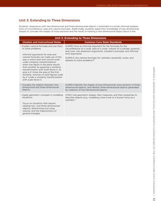 Common Core State StandardS for matHematICS




Unit 3: extending to three Dimensions
Students’ experience with two-dimensional and three-dimensional objects is extended to include informal explana-
tions of circumference, area and volume formulas. Additionally, students apply their knowledge of two-dimensional
shapes to consider the shapes of cross-sections and the result of rotating a two-dimensional object about a line.


                                   Unit 3: Extending to Three Dimensions
   Clusters and Instructional Notes                               Common Core State Standards
 •	 Explain volume formulas and use them       G.GMD.1 Give an informal argument for the formulas for the
   to solve problems.                          circumference of a circle, area of a circle, volume of a cylinder, pyramid,
                                               and cone. Use dissection arguments, Cavalieri’s principle, and informal
   Informal arguments for area and             limit arguments.
   volume formulas can make use of the         G.GMD.3 Use volume formulas for cylinders, pyramids, cones, and
   way in which area and volume scale          spheres to solve problems.★
   under similarity transformations:
   when one figure in the plane results
   from another by applying a similarity




                                                                                                                             appendIx a: deSIgnIng HIgH SCHool matHematICS CourSeS baSed on tHe Common Core State StandardS |
   transformation with scale factor k, its
   area is k2 times the area of the first.
   Similarly, volumes of solid figures scale
   by k3 under a similarity transformation
   with scale factor k.

 •	 Visualize the relation between two-        G.GMD.4 Identify the shapes of two-dimensional cross-sections of three-
   dimensional and three-dimensional           dimensional objects, and identify three-dimensional objects generated
   objects.                                    by rotations of two-dimensional objects.

 •	 Apply geometric concepts in modeling       G.MG.1 Use geometric shapes, their measures, and their properties to
   situations.                                 describe objects (e.g., modeling a tree trunk or a human torso as a
                                               cylinder).*
   Focus on situations that require
   relating two- and three-dimensional
   objects, determining and using
   volume, and the trigonometry of
   general triangles.




                                                                                                                             32
 