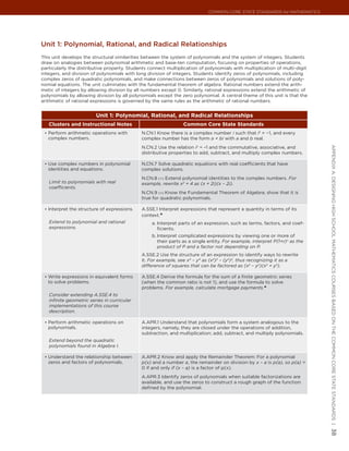 Common Core State StandardS for matHematICS




Unit 1: Polynomial, rational, and radical relationships
This unit develops the structural similarities between the system of polynomials and the system of integers. Students
draw on analogies between polynomial arithmetic and base-ten computation, focusing on properties of operations,
particularly the distributive property. Students connect multiplication of polynomials with multiplication of multi-digit
integers, and division of polynomials with long division of integers. Students identify zeros of polynomials, including
complex zeros of quadratic polynomials, and make connections between zeros of polynomials and solutions of poly-
nomial equations. The unit culminates with the fundamental theorem of algebra. Rational numbers extend the arith-
metic of integers by allowing division by all numbers except 0. Similarly, rational expressions extend the arithmetic of
polynomials by allowing division by all polynomials except the zero polynomial. A central theme of this unit is that the
arithmetic of rational expressions is governed by the same rules as the arithmetic of rational numbers.


                         Unit 1: Polynomial, Rational, and Radical Relationships
   Clusters and Instructional Notes                              Common Core State Standards
 •	 Perform arithmetic operations with        N.CN.1 Know there is a complex number i such that i2 = −1, and every
   complex numbers.                           complex number has the form a + bi with a and b real.
                                              N.CN.2 Use the relation i2 = –1 and the commutative, associative, and




                                                                                                                             appendIx a: deSIgnIng HIgH SCHool matHematICS CourSeS baSed on tHe Common Core State StandardS |
                                              distributive properties to add, subtract, and multiply complex numbers.

 •	 Use complex numbers in polynomial         N.CN.7 Solve quadratic equations with real coefficients that have
   identities and equations.                  complex solutions.
                                              N.CN.8 (+) Extend polynomial identities to the complex numbers. For
   Limit to polynomials with real             example, rewrite x2 + 4 as (x + 2i)(x – 2i).
   coefficients.
                                              N.CN.9 (+) Know the Fundamental Theorem of Algebra; show that it is
                                              true for quadratic polynomials.

 •	 Interpret the structure of expressions.   A.SSE.1 Interpret expressions that represent a quantity in terms of its
                                              context.★
   Extend to polynomial and rational              a. Interpret parts of an expression, such as terms, factors, and coef-
   expressions.                                      ficients.
                                                  b. Interpret complicated expressions by viewing one or more of
                                                     their parts as a single entity. For example, interpret P(1+r)n as the
                                                     product of P and a factor not depending on P.
                                              A.SSE.2 Use the structure of an expression to identify ways to rewrite
                                              it. For example, see x4 – y4 as (x2)2 – (y2)2, thus recognizing it as a
                                              difference of squares that can be factored as (x2 – y2)(x2 + y2).

 •	 Write expressions in equivalent forms     A.SSE.4 Derive the formula for the sum of a finite geometric series
   to solve problems.                         (when the common ratio is not 1), and use the formula to solve
                                              problems. For example, calculate mortgage payments.★
   Consider extending A.SSE.4 to
   infinite geometric series in curricular
   implementations of this course
   description.

 •	 Perform arithmetic operations on          A.APR.1 Understand that polynomials form a system analogous to the
   polynomials.                               integers, namely, they are closed under the operations of addition,
                                              subtraction, and multiplication; add, subtract, and multiply polynomials.
   Extend beyond the quadratic
   polynomials found in Algebra I.

 •	 Understand the relationship between       A.APR.2 Know and apply the Remainder Theorem: For a polynomial
   zeros and factors of polynomials.          p(x) and a number a, the remainder on division by x – a is p(a), so p(a) =
                                              0 if and only if (x – a) is a factor of p(x).
                                              A.APR.3 Identify zeros of polynomials when suitable factorizations are
                                              available, and use the zeros to construct a rough graph of the function
                                              defined by the polynomial.
                                                                                                                             38
 