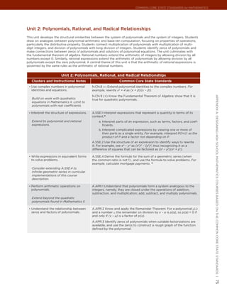 Common Core State StandardS for matHematICS




Unit 2: Polynomials, rational, and radical relationships
This unit develops the structural similarities between the system of polynomials and the system of integers. Students
draw on analogies between polynomial arithmetic and base-ten computation, focusing on properties of operations,
particularly the distributive property. Students connect multiplication of polynomials with multiplication of multi-
digit integers, and division of polynomials with long division of integers. Students identify zeros of polynomials and
make connections between zeros of polynomials and solutions of polynomial equations. The unit culminates with
the fundamental theorem of algebra. Rational numbers extend the arithmetic of integers by allowing division by all
numbers except 0. Similarly, rational expressions extend the arithmetic of polynomials by allowing division by all
polynomials except the zero polynomial. A central theme of this unit is that the arithmetic of rational expressions is
governed by the same rules as the arithmetic of rational numbers.


                        Unit 2: Polynomials, Rational, and Radical Relationships
   Clusters and Instructional Notes                              Common Core State Standards
 •	 Use complex numbers in polynomial         N.CN.8 (+) Extend polynomial identities to the complex numbers. For
   identities and equations.                  example, rewrite x2 + 4 as (x + 2i)(x – 2i).
                                              N.CN.9 (+) Know the Fundamental Theorem of Algebra; show that it is




                                                                                                                             appendIx a: deSIgnIng HIgH SCHool matHematICS CourSeS baSed on tHe Common Core State StandardS |
   Build on work with quadratics              true for quadratic polynomials.
   equations in Mathematics II. Limit to
   polynomials with real coefficients.

 •	 Interpret the structure of expressions.   A.SSE.1 Interpret expressions that represent a quantity in terms of its
                                              context.★
   Extend to polynomial and rational              a. Interpret parts of an expression, such as terms, factors, and coef-
   expressions.                                      ficients.
                                                  b. Interpret complicated expressions by viewing one or more of
                                                     their parts as a single entity. For example, interpret P(1+r)n as the
                                                     product of P and a factor not depending on P.
                                              A.SSE.2 Use the structure of an expression to identify ways to rewrite
                                              it. For example, see x4 – y4 as (x2)2 – (y2)2, thus recognizing it as a
                                              difference of squares that can be factored as (x2 – y2)(x2 + y2).

 •	 Write expressions in equivalent forms     A.SSE.4 Derive the formula for the sum of a geometric series (when
   to solve problems.                         the common ratio is not 1) , and use the formula to solve problems. For
                                              example, calculate mortgage payments. ★
   Consider extending A.SSE.4 to
   infinite geometric series in curricular
   implementations of this course
   description.

 •	 Perform arithmetic operations on          A.APR.1 Understand that polynomials form a system analogous to the
   polynomials.                               integers, namely, they are closed under the operations of addition,
                                              subtraction, and multiplication; add, subtract, and multiply polynomials.
   Extend beyond the quadratic
   polynomials found in Mathematics II.

 •	 Understand the relationship between       A.APR.2 Know and apply the Remainder Theorem: For a polynomial p(x)
   zeros and factors of polynomials.          and a number a, the remainder on division by x – a is p(a), so p(a) = 0 if
                                              and only if (x – a) is a factor of p(x).
                                              A.APR.3 Identify zeros of polynomials when suitable factorizations are
                                              available, and use the zeros to construct a rough graph of the function
                                              defined by the polynomial.
                                                                                                                             75
 