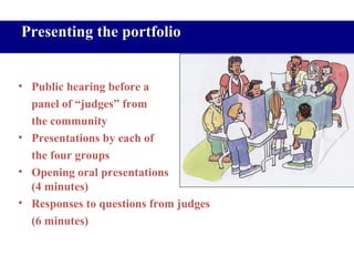 Presenting the portfolio Public hearing before a  panel of “judges” from the community Presentations by each of  the four groups Opening oral presentations (4 minutes) Responses to questions from judges (6 minutes) 