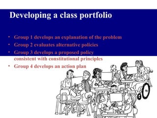 Developing a class portfolio Group 1 develops an explanation of the problem Group 2 evaluates alternative policies Group 3 develops a proposed policy  consistent with constitutional principles Group 4 develops an action plan 