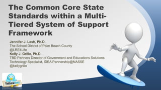 The Common Core State
Standards within a MultiTiered System of Support
Framework
Jennifer J. Lesh, Ph.D.
The School District of Palm Beach County
@LRE4Life
Kelly J. Grillo, Ph.D.
TBD Partners Director of Government and Educations Solutions
Technology Specialist, IDEA Partnership@NASSE
@kellygrillo

 