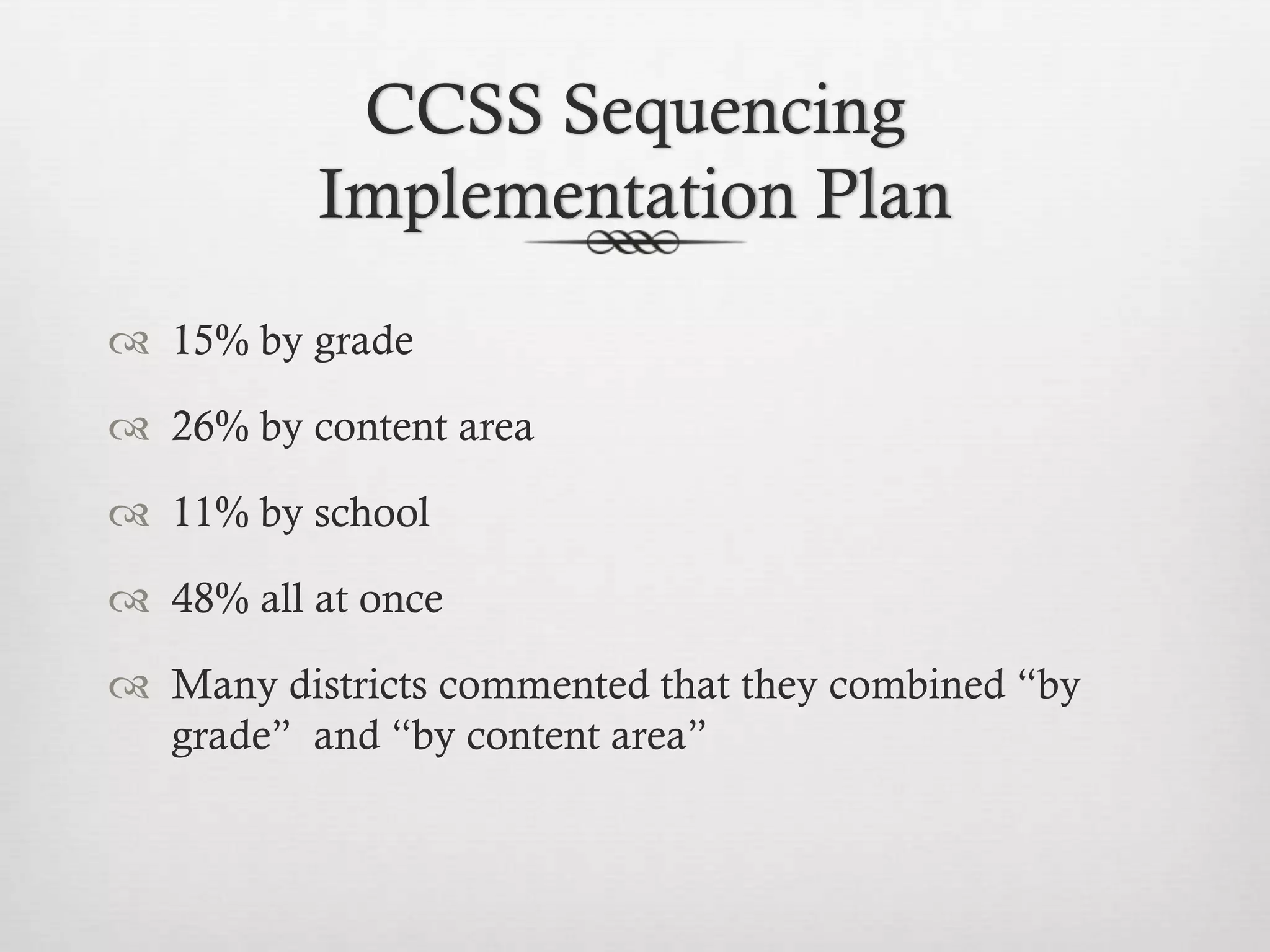 CCSS Sequencing
Implementation Plan
 15% by grade
 26% by content area
 11% by school
 48% all at once
 Many districts commented that they combined “by
grade” and “by content area”

 