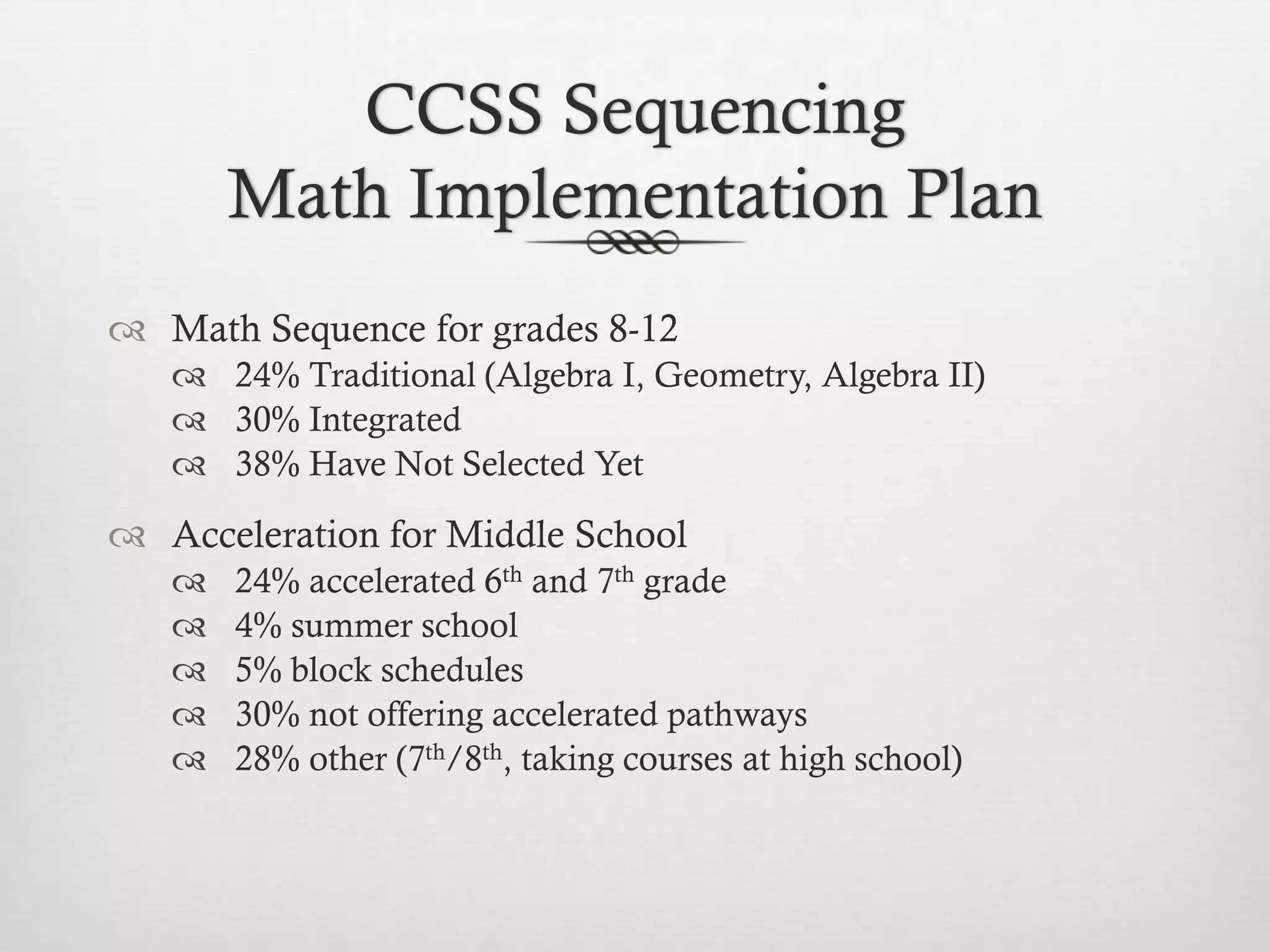 CCSS Sequencing
Math Implementation Plan
 Math Sequence for grades 8-12
 24% Traditional (Algebra I, Geometry, Algebra II)
 30% Integrated
 38% Have Not Selected Yet

 Acceleration for Middle School






24% accelerated 6th and 7th grade
4% summer school
5% block schedules
30% not offering accelerated pathways
28% other (7th/8th, taking courses at high school)

 