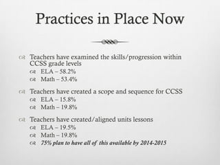 Practices in Place Now
 Teachers have examined the skills/progression within
CCSS grade levels
 ELA – 58.2%
 Math – 53.4%

 Teachers have created a scope and sequence for CCSS
 ELA – 15.8%
 Math – 19.8%

 Teachers have created/aligned units lessons
 ELA – 19.5%
 Math – 19.8%
 75% plan to have all of this available by 2014-2015

 