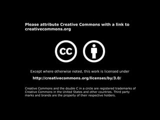 Please attribute Creative Commons with a link to
creativecommons.org




Creative Commons and the double C in a circle are registered trademarks of
Creative Commons in the United States and other countries. Third party
marks and brands are the property of their respective holders.
 
