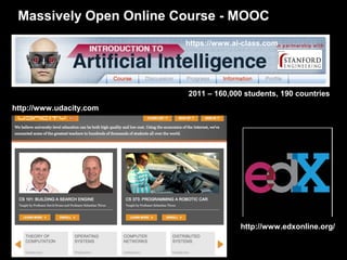 Massively Open Online Course - MOOC
                         https://www.ai-class.com




                         2011 – 160,000 students, 190 countries
http://www.udacity.com




                                       http://www.edxonline.org/
 