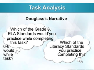 Task Analysis
            Douglass’s Narrative

    Which of the Grade 8,
   ELA Standards would you
  practice while completing
    this task?                 Which of the
6-8                      Literacy Standards
would                          you practice
while                         completing this
task?
 