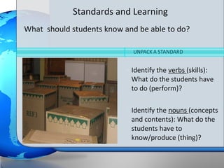 Standards and Learning
What should students know and be able to do?



                           •   Identify the verbs (skills):
                               What do the students have
                               to do (perform)?

                           •   Identify the nouns (concepts
                               and contents): What do the
                               students have to
                               know/produce (thing)?
 