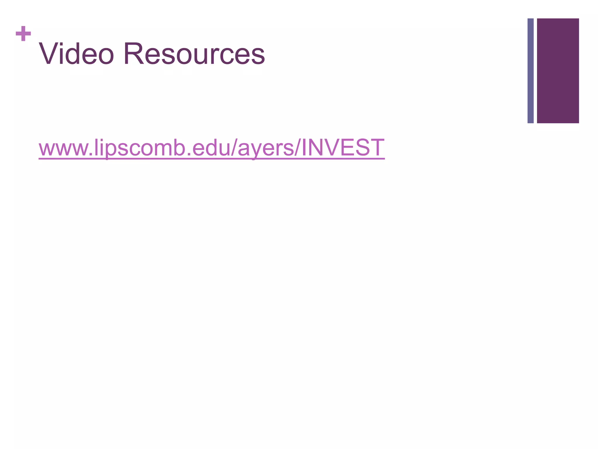 +
Video Resources
www.lipscomb.edu/ayers/INVEST
 