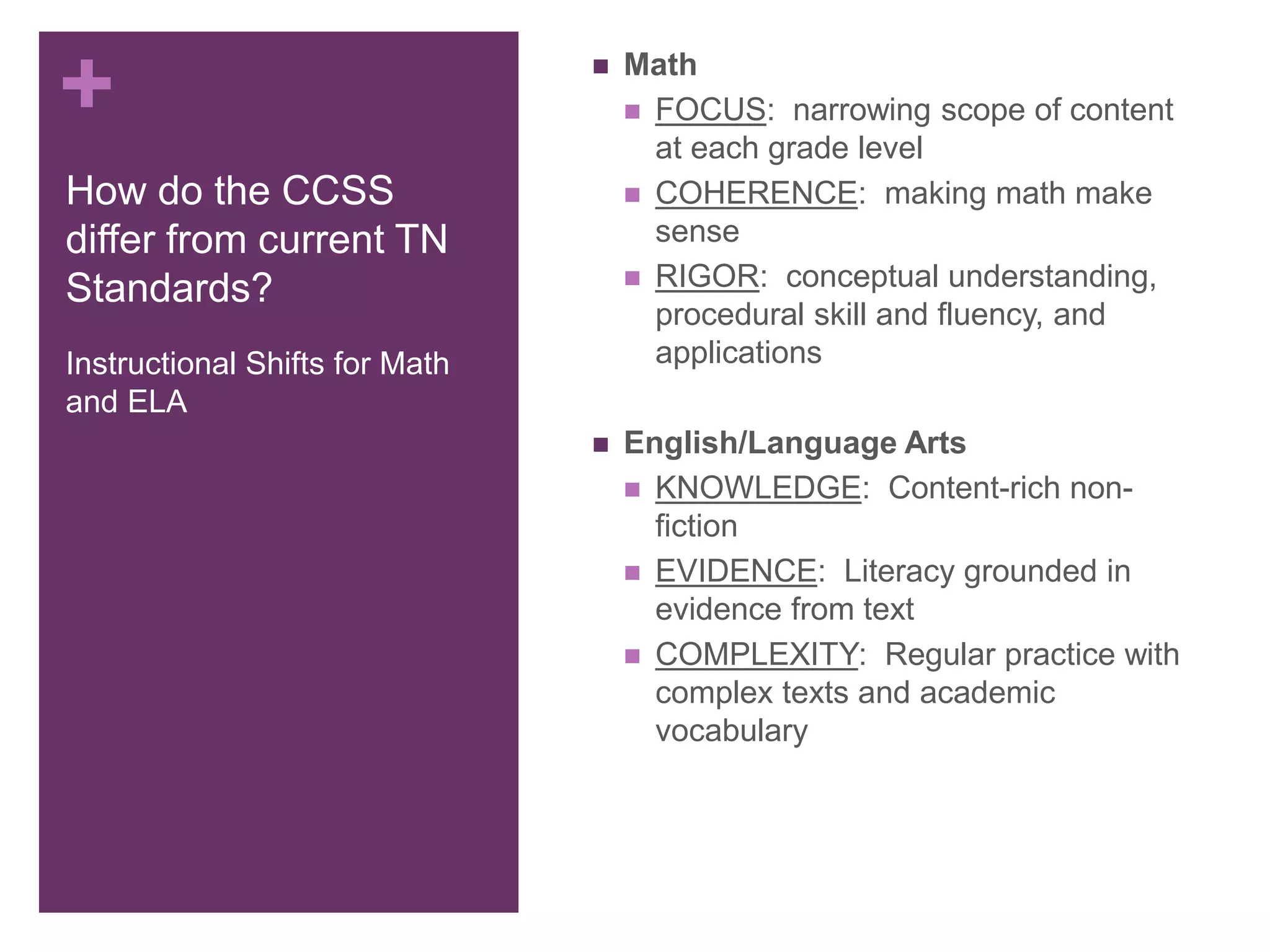 +
How do the CCSS
differ from current TN
Standards?
 Math
 FOCUS: narrowing scope of content
at each grade level
 COHERENCE: making math make
sense
 RIGOR: conceptual understanding,
procedural skill and fluency, and
applications
 English/Language Arts
 KNOWLEDGE: Content-rich non-
fiction
 EVIDENCE: Literacy grounded in
evidence from text
 COMPLEXITY: Regular practice with
complex texts and academic
vocabulary
Instructional Shifts for Math
and ELA
 