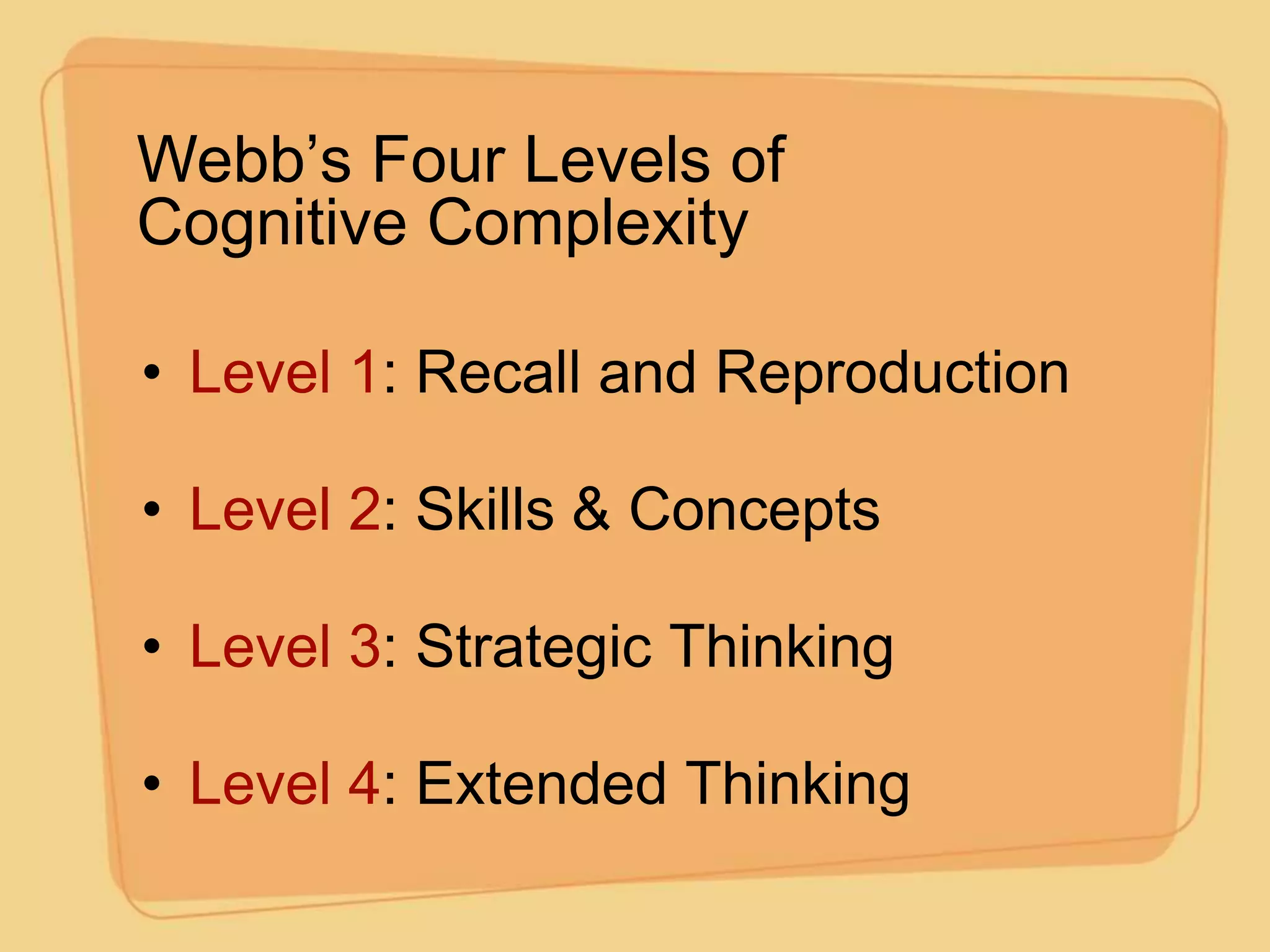Webb’s Four Levels of
Cognitive Complexity

• Level 1: Recall and Reproduction

• Level 2: Skills & Concepts

• Level 3: Strategic Thinking

• Level 4: Extended Thinking
 