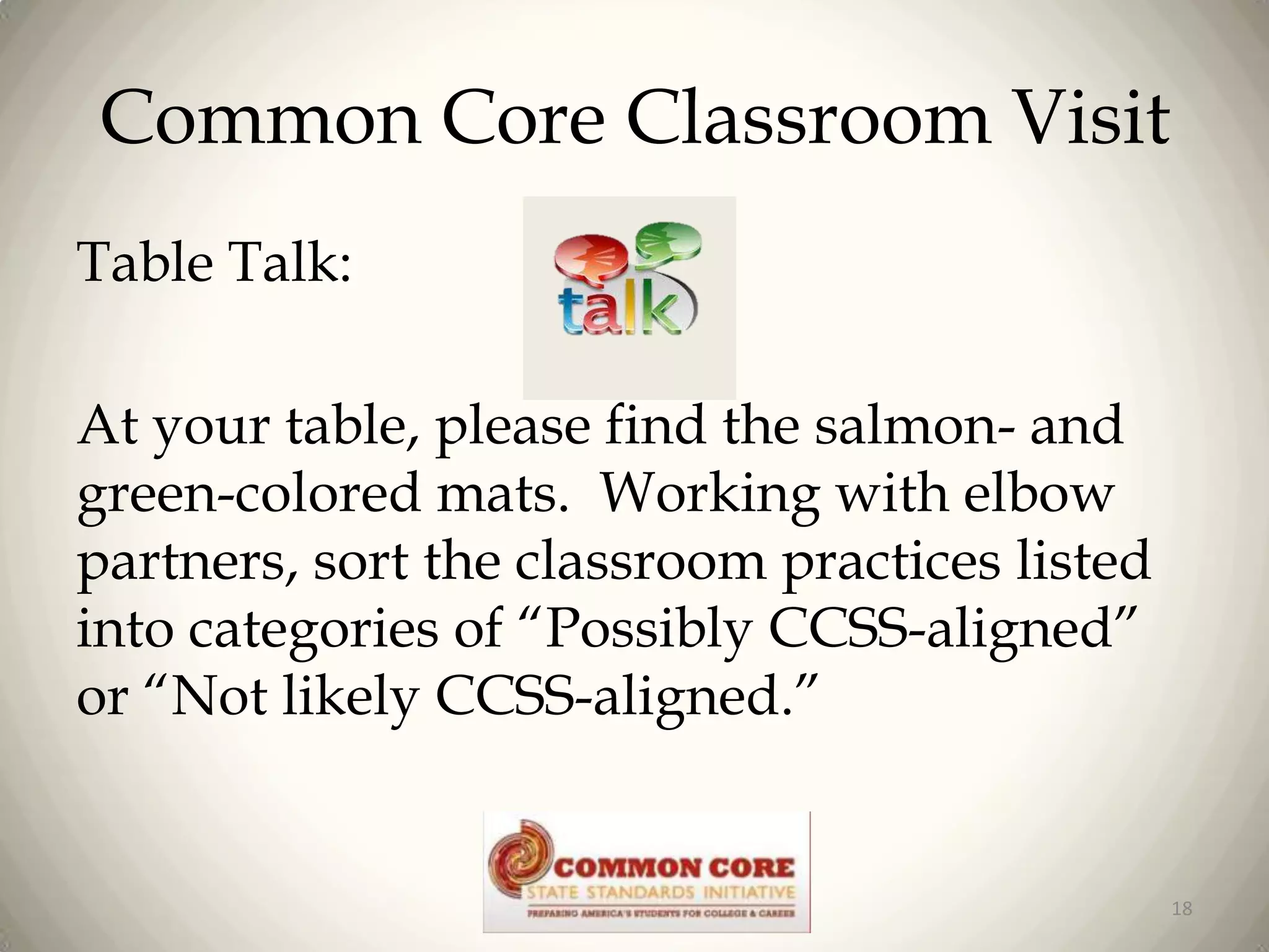 Common Core Classroom Visit
Table Talk:
At your table, please find the salmon- and
green-colored mats. Working with elbow
partners, sort the classroom practices listed
into categories of “Possibly CCSS-aligned”
or “Not likely CCSS-aligned.”

18

 