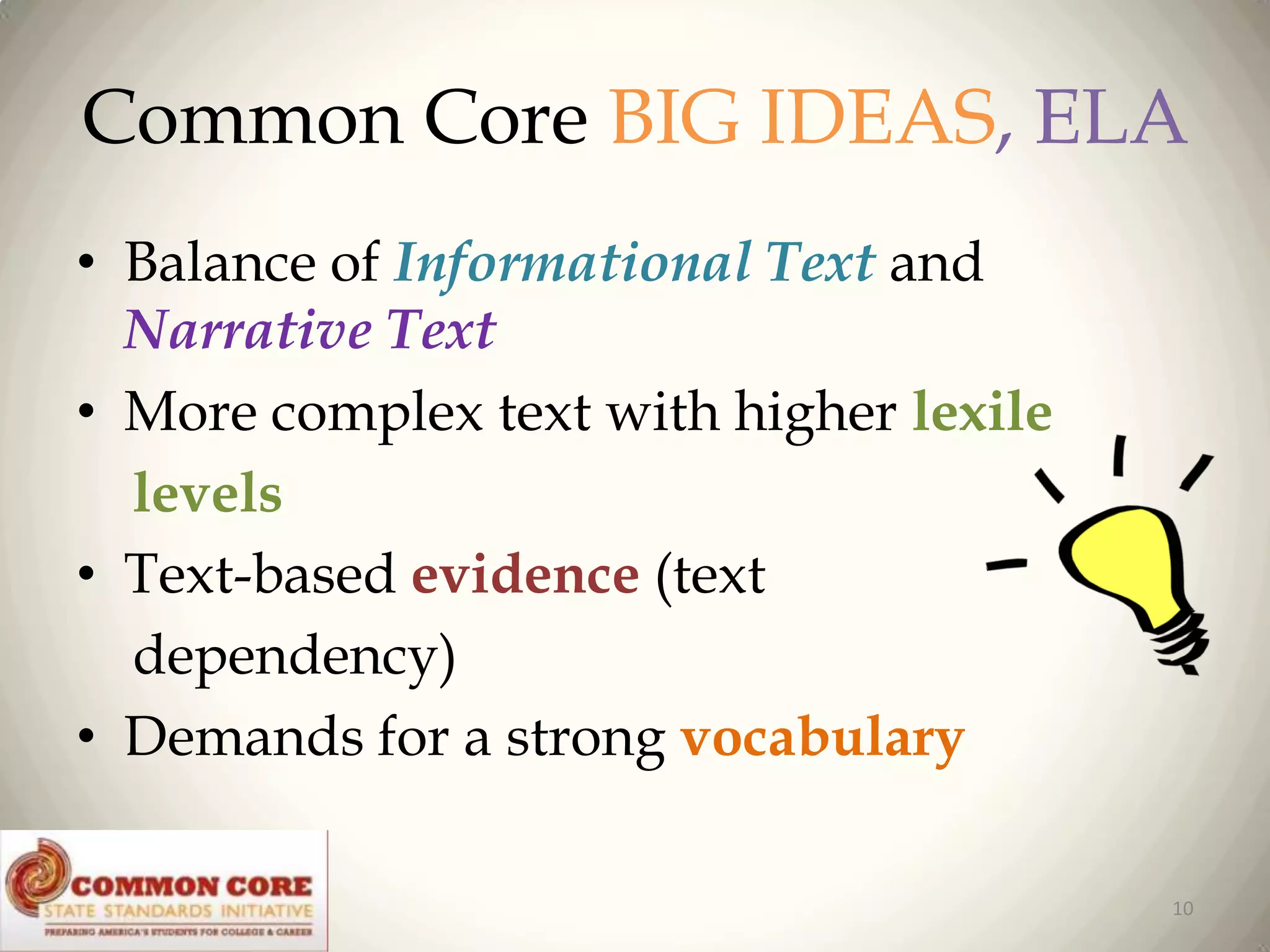Common Core BIG IDEAS, ELA
• Balance of Informational Text and
Narrative Text
• More complex text with higher lexile
levels
• Text-based evidence (text
dependency)
• Demands for a strong vocabulary
10

 