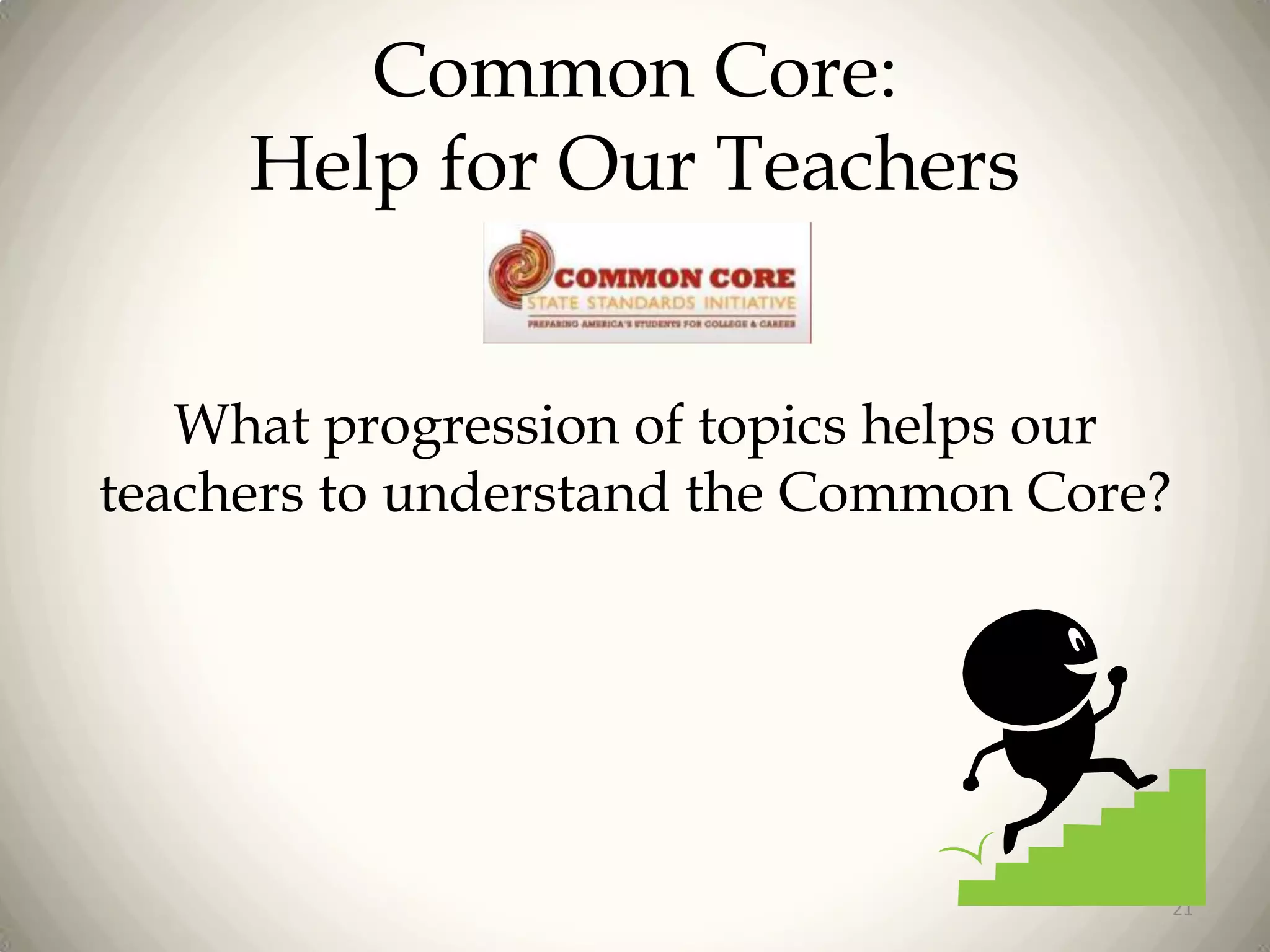 Common Core:
Help for Our Teachers
What progression of topics helps our
teachers to understand the Common Core?

21

 