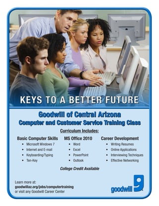 Curriculum Includes:
 Basic Computer Skills	           MS Office 2010	          Career Development
    •	   Microsoft Windows 7	        •	   Word	              •	   Writing Resumes
    •	   Internet and E-mail	        •	   Excel	             •	   Online Applications
    •	   Keyboarding/Typing	         •	   PowerPoint	        •	   Interviewing Techniques
    •	   Ten-Key	                    •	   Outlook	           •	   Effective Networking

                                College Credit Available


Learn more at:
goodwillaz.org/jobs/computertraining
or visit any Goodwill Career Center
 