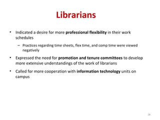 Librarians Indicated a desire for more  professional flexibility  in their work schedules Practices regarding time sheets, flex time, and comp time were viewed negatively Expressed the need for  promotion and tenure committees  to develop more extensive understandings of the work of librarians Called for more cooperation with  information technology  units on campus 
