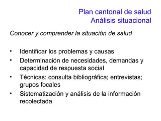 Plan cantonal de salud
Análisis situacional
Conocer y comprender la situación de salud
• Identificar los problemas y causas
• Determinación de necesidades, demandas y
capacidad de respuesta social
• Técnicas: consulta bibliográfica; entrevistas;
grupos focales
• Sistematización y análisis de la información
recolectada
 