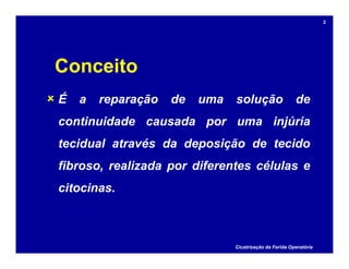 Conceito
 É a reparação de uma solução de
continuidade causada por uma injúria
tecidual através da deposição de tecido
fibroso, realizada por diferentes células e
citocinas.
Cicatrização da Ferida Operatória
2
 