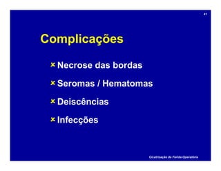 Complicações
Necrose das bordas
Seromas / Hematomas
Deiscências
Infecções
Cicatrização da Ferida Operatória
41
 