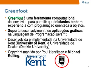 Greenfoot Greenfoot   é uma  ferramenta computacional  desenvolvida para permitir que  iniciantes tenham experiência  com  p rogramação  o rientada a  o bjetos. Suporta  desenvolvimento de  aplicações gráficas  na Linguagem de Programação Java™; Desenvolvida e implementada na Universidade de Kent ( University of Kent ) e Universidade de Deakin ( Deakin University ); Copyright mantido por Poul Henriksen e  Michael Kölling . 