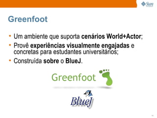 Greenfoot Um ambiente que suporta  cenários World+Actor ; Provê  experiências visualmente engajadas  e concretas para estudantes universitários; Construída  sobre  o  BlueJ . 