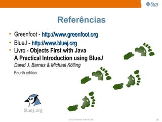 Referências Greenfoot -  http://www.greenfoot.org BlueJ -  http://www.bluej.org Livro -  Objects First with Java A Practical Introduction using BlueJ David J. Barnes & Michael Kölling Fourth edition 