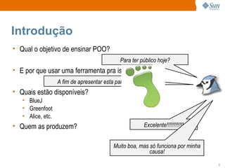 Introdução Qual o objetivo de ensinar POO? E por que usar uma ferramenta pra isso? Quais estão disponíveis? BlueJ Greenfoot Alice, etc. Quem as produzem? Para ter público hoje? A fim de apresentar esta palestra agora? Excelente!!!!!!!!!!!! Muito boa, mas só funciona por minha causa! 