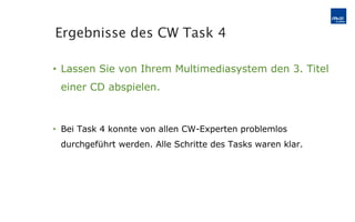 Lassen Sie von Ihrem Multimediasystem den 3. Titel einer CD abspielen. Bei Task 4 konnte von allen CW-Experten problemlos durchgeführt werden. Alle Schritte des Tasks waren klar. Ergebnisse des CW Task 4 