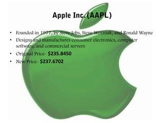 Apple Inc. (AAPL)Founded in 1977, by Steve Jobs, Steve Wozniak, and Ronald Wayne