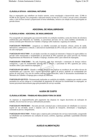Mediador - Extrato Instrumento Coletivo Página 12 de 29 
CLÁUSULA OITAVA - ADICIONAL NOTURNO 
Para os empregados que trabalhem em horário noturno, assim considerado o desenvolvido entre 22:00h às 
05:00h do dia seguinte, fica assegurado o adicional noturno na base de 21% (vinte e um por cento), calculados 
sobre o valor da hora normal e proporcional às horas trabalhadas, inclusive em relação as horas prorrogadas no 
período diurno. 
ADICIONAL DE INSALUBRIDADE 
CLÁUSULA NONA - ADICIONAL DE INSALUBRIDADE 
Fica assegurado aos empregados que exercerem tarefas em condições insalubres, acima dos limites de tolerância 
estabelecidos pelo Ministério do Trabalho, os percentuais previstos em lei, assim também consideradas as 
normas emitidas pelo Ministério do Trabalho e Emprego sobre medicina e segurança do trabalho. 
PARÁGRAFO PRIMEIRO - assegura-se ao trabalho executado em hospitais, clínicas, postos de saúde, 
laboratórios, ambulatórios e rabecão, o adicional de insalubridade de 20% (vinte por cento), sobre o piso salarial 
de cada empregado. 
PARÁGRAFO SEGUNDO - As atividades exercidas em estação de tratamento e limpeza de esgoto público ou 
privado serão remuneradas a insalubridade no percentual de 40% (quarenta por cento) previsto nas Normas 
Regulamentares do Ministério do Trabalho e Emprego, incidente sobre o piso salarial do empregado; 
PARÁGRAFO TERCEIRO - Na rede hospitalar onde haja internação e tratamento de doenças infecto-contagiosas, 
o grau de insalubridade aplicado será o máximo, o percentual de 40% (quarenta por cento), 
incidente sobre o piso salarial do empregado; 
PARÁGRAFO QUARTO - Quando o trabalho desenvolvido implicar na incidência de um índice diverso de 
insalubridade que o previsto, será o mesmo determinado através de perícia, podendo ser acompanhado por 
peritos da outra parte. Em caso de conflito entre os laudos oferecidos, serão os documentos encaminhados ao 
Ministério do Trabalho e Emprego para a solução do confronto. 
PARÁGRAFO QUINTO - Permanecendo inalteradas as condições de trabalho, a empresa que suceder a outra 
prestadora de serviço obriga-se à continuidade do pagamento do adicional de insalubridade ao empregado, no 
mesmo percentual anteriormente pago pela prestadora de serviço sucedida. 
AJUDA DE CUSTO 
CLÁUSULA DÉCIMA - TRABALHO REALIZADO FORA DA SEDE 
As empresas se responsabilizarão pelo pagamento das despesas de viagem decorrentes da realização de 
trabalho, fora do local de serviços, habitualmente prestados. 
PARÁGRAFO PRIMEIRO – Havendo previsão contratual para o deslocamento do trabalhador no exercício 
regular de sua atividade, arcará a empresa com as despesas de transporte, alimentação e hospedagem, 
custeando-as previa e integralmente; 
PARÁGRAFO SEGUNDO – Poderá optar a empresa pela contratação dos serviços mencionados, assegurando 
ao trabalhador seu recebimento nas condições de asseio, conforto, segurança, qualidade e quantidade alimentar 
adequados. 
AUXÍLIO ALIMENTAÇÃO 
http://www3.mte.gov.br/internet/mediador/relatorios/ImprimirICXML.asp?NRRequer... 12/03/2013 
 