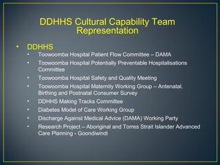 DDHHS Cultural Capability Team
Representation
• DDHHS
• Toowoomba Hospital Patient Flow Committee – DAMA
• Toowoomba Hospital Potentially Preventable Hospitalisations
Committee
• Toowoomba Hospital Safety and Quality Meeting
• Toowoomba Hospital Maternity Working Group – Antenatal,
Birthing and Postnatal Consumer Survey
• DDHHS Making Tracks Committee
• Diabetes Model of Care Working Group
• Discharge Against Medical Advice (DAMA) Working Party
• Research Project – Aboriginal and Torres Strait Islander Advanced
Care Planning - Goondiwindi
 