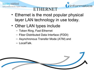 ETHERNET
• Ethernet is the most popular physical
layer LAN technology in use today.
• Other LAN types include
– Token Ring, Fast Ethernet
– Fiber Distributed Data Interface (FDDI)
– Asynchronous Transfer Mode (ATM) and
– LocalTalk.
 