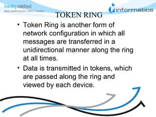 TOKEN RING
• Token Ring is another form of
network configuration in which all
messages are transferred in a
unidirectional manner along the ring
at all times.
• Data is transmitted in tokens, which
are passed along the ring and
viewed by each device.
 
