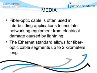 MEDIA
• Fiber-optic cable is often used in
interbuilding applications to insulate
networking equipment from electrical
damage caused by lightning.
• The Ethernet standard allows for fiber-
optic cable segments up to 2 kilometers
long.
 