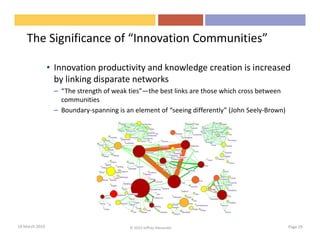 The Significance of “Innovation Communities”

                • Innovation productivity and knowledge creation is increased
                  by linking disparate networks
                 – “The strength of weak ties”—the best links are those which cross between
                   communities
                 – Boundary-spanning is an element of “seeing differently” (John Seely-Brown)




18 March 2010                            © 2010 Jeffrey Alexander                               Page 29
 