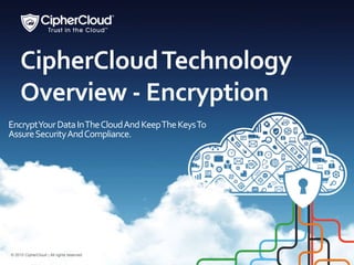 © 2015 CipherCloud | All rights reserved. 1© 2014 CipherCloud | All rights reserved.
© 2015 CipherCloud | All rights reserved
CipherCloudTechnology
Overview - Encryption
EncryptYourDataInTheCloudAndKeepTheKeysTo
AssureSecurityAndCompliance.
 