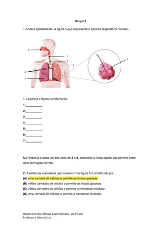 Departamento Ciências Experimentais- CN 9º ano
Professora Estela Costa
Grupo II
1.Analisa atentamente, a figura 5 que representa o sistema respiratório humano.
1. Legenda a figura corretamente.
1-__________
2-__________
3-__________
4-__________
5-__________
6-__________
7-__________
Na resposta a cada um dos itens de 2 a 5, seleciona a única opção que permite obter
uma afirmação correta.
2. A estrutura assinalada pelo número 7 na figura 5 é constituída por...
(A) uma camada de células e permite as trocas gasosas.
(B) várias camadas de células e permite as trocas gasosas.
(C) várias camadas de células e permite a hematose tecidular.
(D) uma camada de células e permite a hematose tecidular.
 