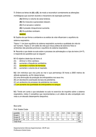 Departamento Ciências Experimentais- CN 9º ano
Professora Estela Costa
7. Ordena as letras de (A) a (E), de modo a reconstituir corretamente as alterações
morfológicas que ocorrem durante o mecanismo de expiração pulmonar.
(A) Diminui o volume da caixa torácica.
(B) Os músculos supracostais relaxam.
(C) O ar sai para o exterior.
(D) A pressão intrapulmonar aumenta.
(E) Os pulmões contraem.
BAEDC
8. Explica de que forma o ambiente e os estilos de vida influenciam o equilíbrio do
sistema respiratório.
Tópico 1: Um bom equilíbrio do sistema respiratório aumenta a qualidade de vida do
ser humano. Tópico 2: Um estilo de vida que inclua prática de exercício físico e
ambientes não poluídos promove o equilíbrio do sistema respiratório.
9- Recorda o que deste na aula sobre o processo de aclimatação e o tipo de treino LH+TL
e responde às questões que se seguem:
9.1-O objetivo deste tipo de treino é
(A) diminuir o ritmo cardíaco.
(B) aumentar a frequência ventilatória.
(C) aumentar o número de hemácias.
(D) aumentar o volume de ar inspirado.
9.2. Um indivíduo que viva junto ao mar e que permaneça 30 horas a 2600 metros de
altitude apresenta, ao fim desse tempo,
(A) uma diminuição da produção de eritropoietina nos seus rins.
(B) um decréscimo acentuado da taxa de policitemia.
(C) um acréscimo do processo de policitemia nos ossos.
(D) um aumento da quantidade de eritropoietina no sangue.
9.3. Tendo em conta o que estudaste na aula no exercício de inquérito sobre o sistema
respiratório, indica 3 conselhos que recomendarias a um atleta de alta competição com
vista a um elevado desempenho desportivo.
Boa sorte
Prof. Estela Costa
questão 1 2 3 4 5 6 7 8 9.1 9.2 9.3 total
Grupo I 6 3 3 3 3 3 3 3 27
Grupo II 3 3 3 3 12
Grupo III 14 3 3 3 3 12 3 5 3 3 9 61
Total final 100
 