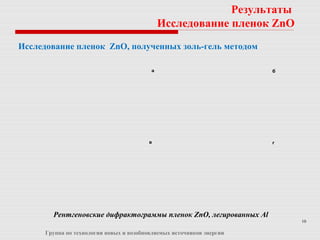 10
Группа по технологии новых и возобновляемых источников энергии
Исследование пленок ZnO, полученных золь-гель методом
Результаты
Исследование пленок ZnO
а б
в г
Рентгеновские дифрактограммы пленок ZnO, легированных Al
 
